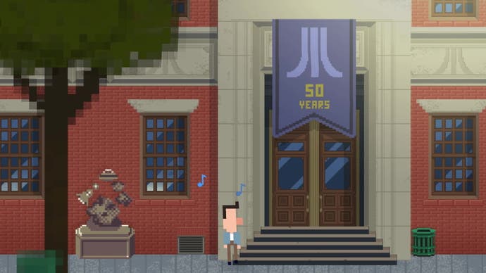 Screenshot von Atari Mania, der einen Mann vor einem musealen Gebäude im Retro-Design zeigt