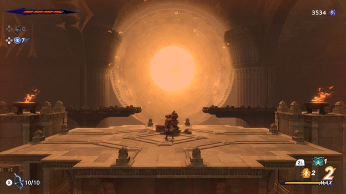 In Prince of Persia: The Lost Crown steht der Held auf einem Dach mit einer riesigen leuchtenden Kugel über sich