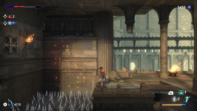 In Prince of Persia: The Lost Crown steht vor dem Helden in einer Steinkrypta eine Stachelgrube