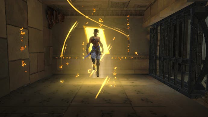 Eine Heldenaufnahme des Helden aus Prince of Persia: The Lost Crown, der in der Luft schwebt, während er von einem Lichtblock beleuchtet wird.