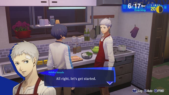 Persona 3 Reload-Bild, das den Protagonisten beim Kochen von Essen mit Akihiko Sanada zeigt.