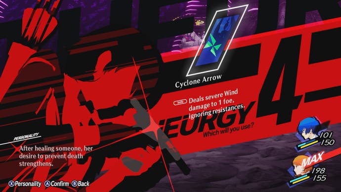 Persona 3 Bild neu laden, das Theurgy-Aktionen mit dem verfügbaren Cyclone Arrow zeigt.