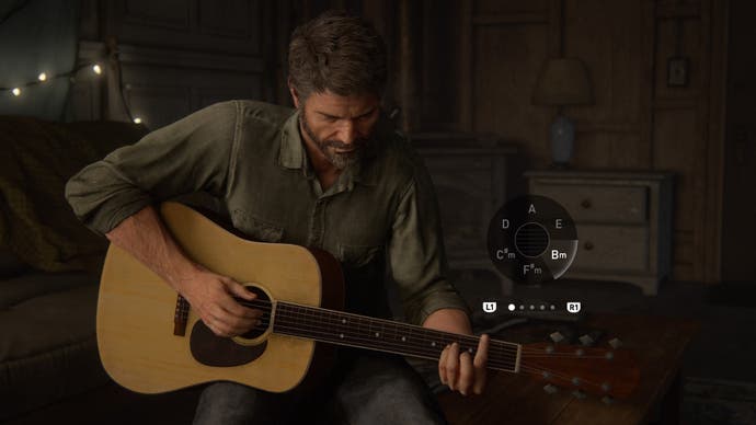 Das Gitarren-Minispiel.  Joel spielt einen h-Moll-Akkord.