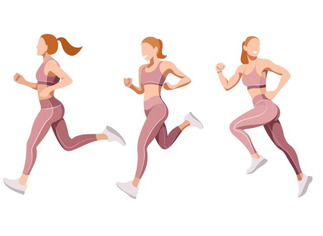 Frau läuft, Konzept von Übungen, um nach den Ferien 10 Pfund abzunehmen