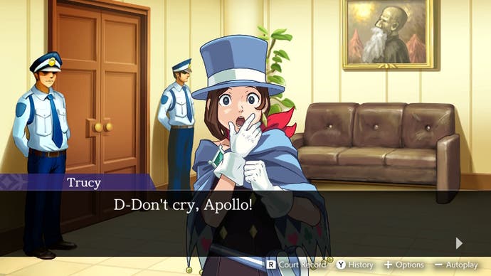 Screenshot der Apollo Justice Trilogy, der eine Figur mit einem Zylinderaufsatz zeigt "Weine nicht, Apollo!"
