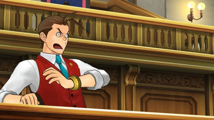 Screenshot der Apollo-Justice-Trilogie, der Apollo Justice vor Gericht zeigt