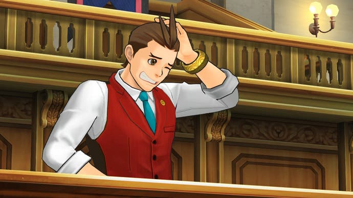 Screenshot der Apollo-Justice-Trilogie, der zeigt, wie Apollo Justice vor Gericht verlegen aussieht