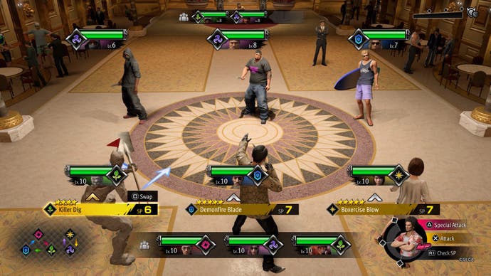 Screenshot aus Like A Dragon: Infinite Wealth, der einen Kampf im Pokemon-ähnlichen Minispiel Sujimon zeigt.