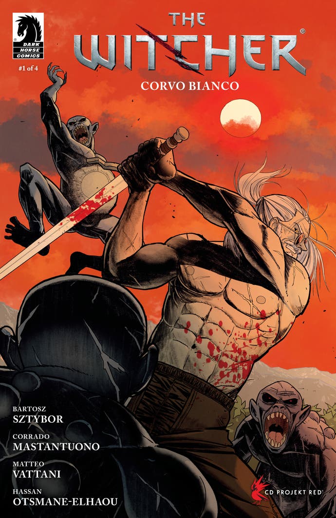 Ein oben ohne Geralt kämpft auf dem Comic-Cover „The Witcher Corvo Bianco“ gegen Feinde