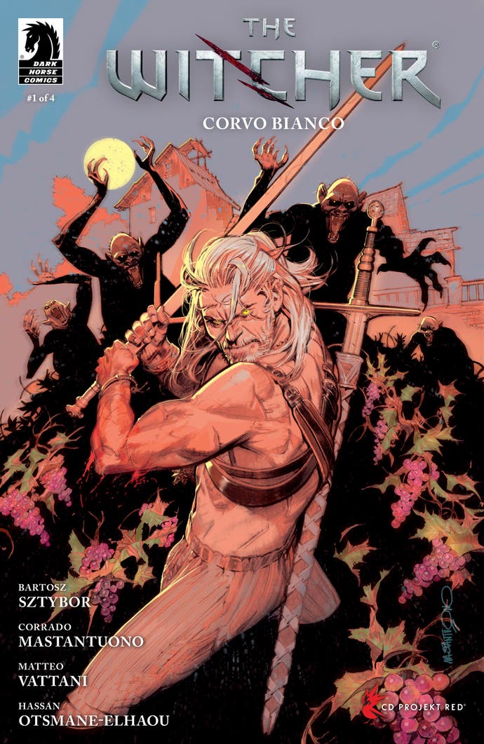 Geralt ohne Hemd wehrt sich gegen Feinde auf dem Cover des Comics „The Witcher Corvo Bianco“.