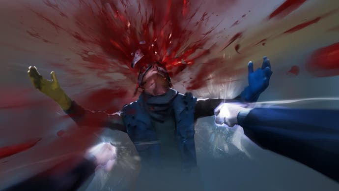 Ein Werbebild für Vampire: The Masquerade – Bloodlines 2, das zeigt, wie Blut aus dem Kopf eines Feindes spritzt, während der Spieler in der Ego-Perspektive zuschaut.
