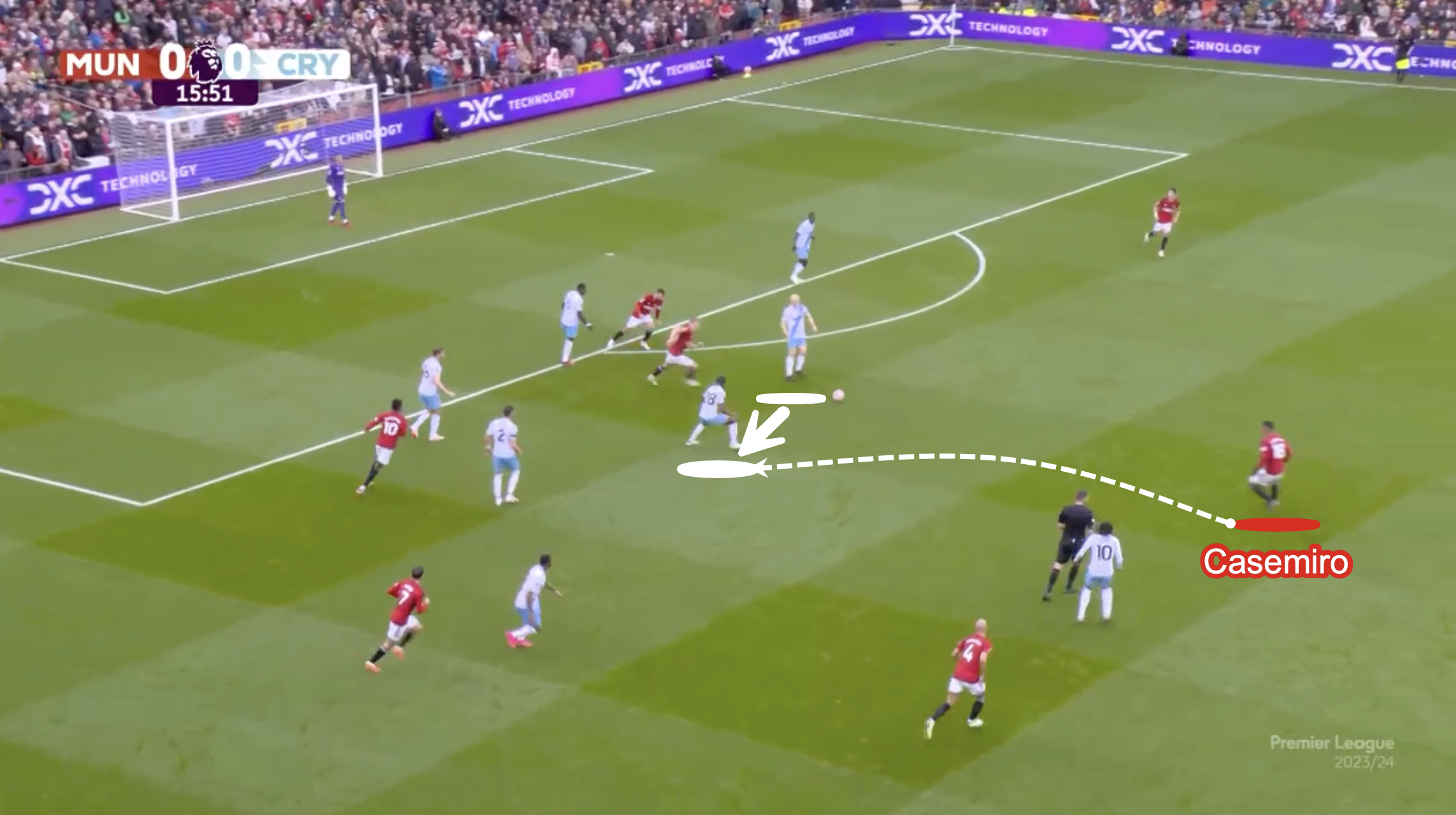 Als der Angriff von United gegen Crystal Palace scheiterte und die Gäste versuchten, den Ball herauszuholen, sprang Casemiro hoch, um Druck auszuüben