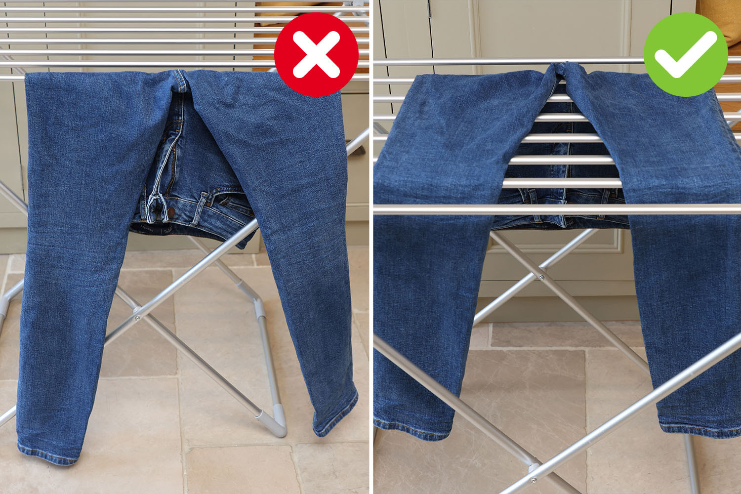 Wenn Sie schwere Jeans flach auf einen Wäscheständer legen, trocknen sie schneller