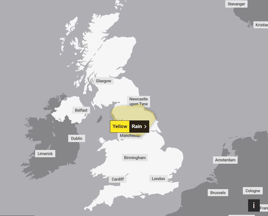 Für Nordost- und Westengland sowie Yorkshire gilt eine gelbe Regenwarnung
