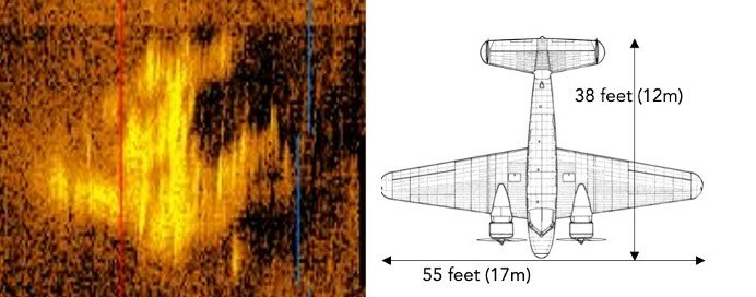 Deep Sea Vision veröffentlichte einen direkten Vergleich des Sonarbildes und von Earharts Electra im Maßstab
