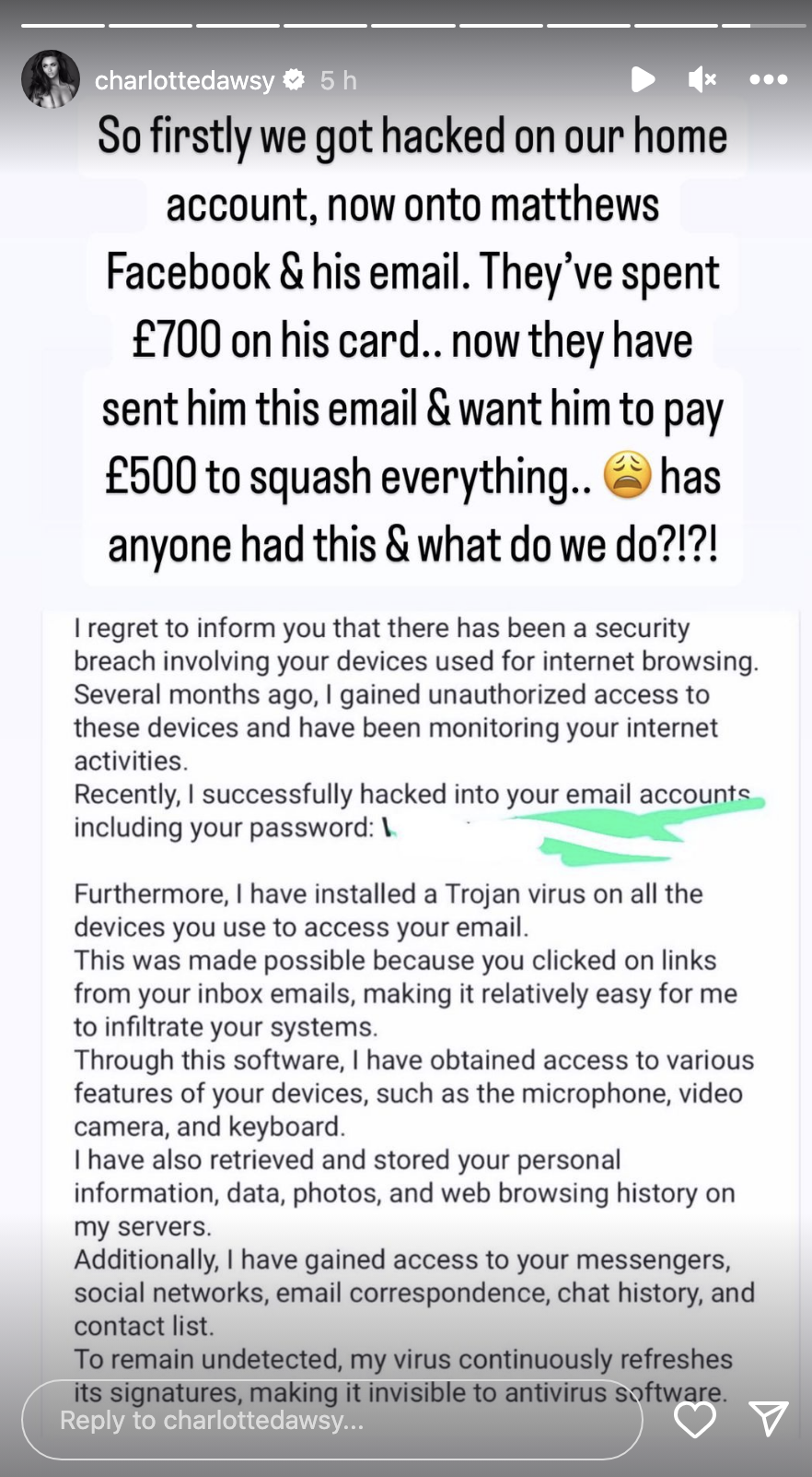 Charlotte wandte sich an ihre Instagram-Story und bat ihre Follower um Hilfe bei dem Hack