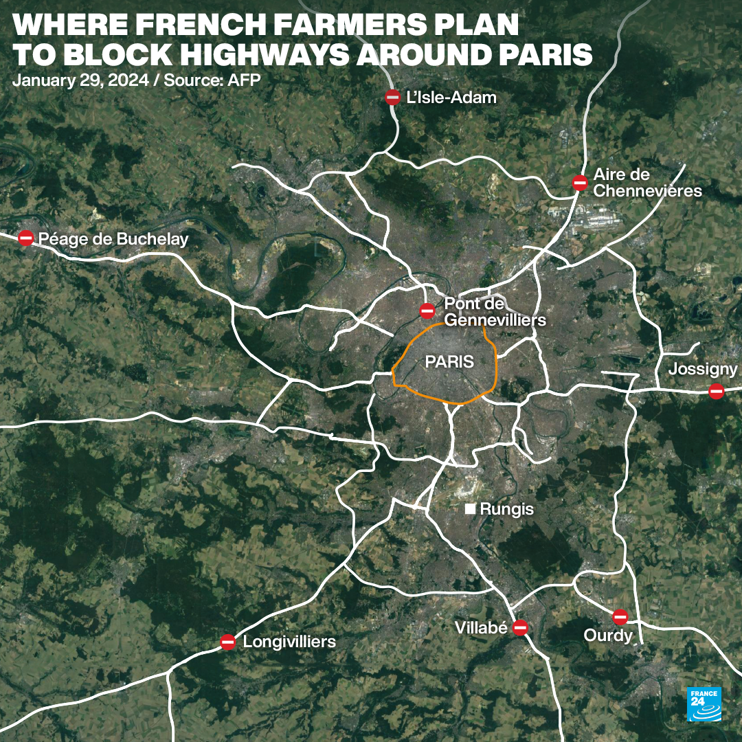 Eine Karte der geplanten Straßensperren rund um Paris.