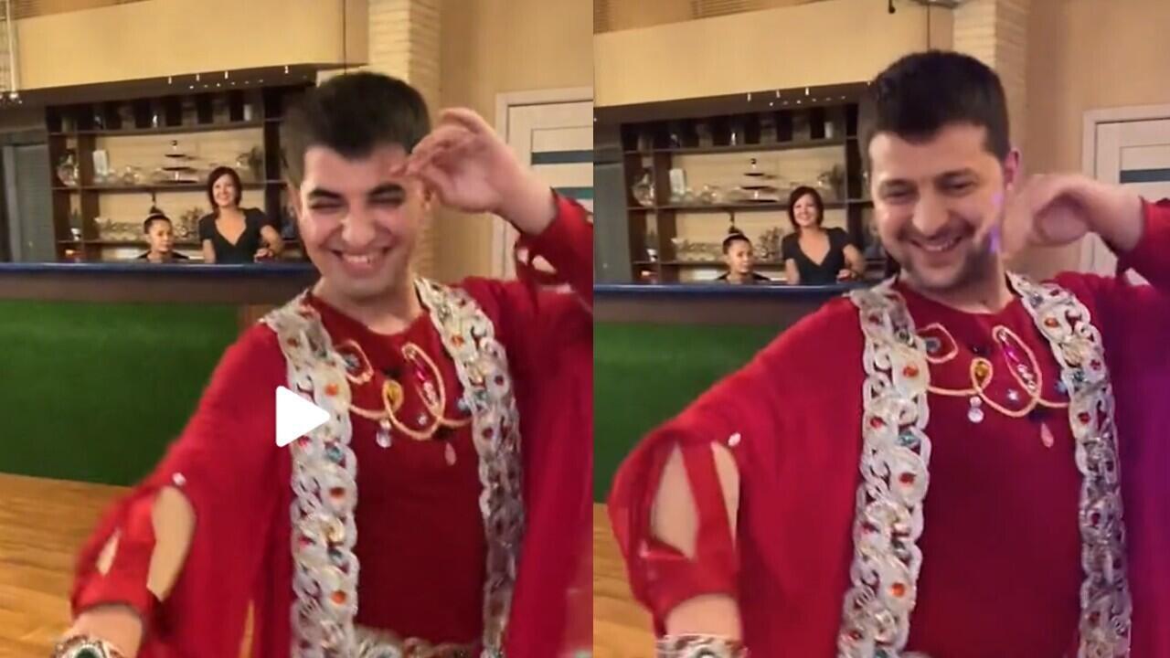 Das Bild links zeigt das Originalvideo.  Das Bild rechts zeigt das manipulierte Video, in dem Wolodymyr Selenskyjs Gesicht auf den Körper des Tänzers gelegt wurde.