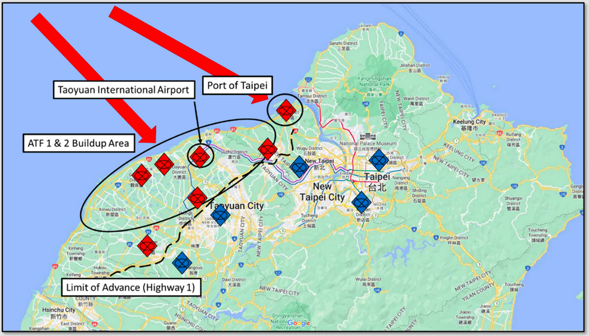Ein Screenshot zeigt einen simulierten chinesischen Angriff auf Taiwan, der im Juni 2023 von Major Maxwell Stewart für das Center for International Maritime Security (CIMSEC) durchgeführt wurde.