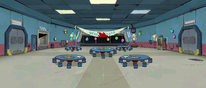 Ein Blick auf die Zeichentrickserie „Unter uns“, die eine leere Cafeteria mit Pizza und Luftballons zeigt.  Auf einem mit Blut bespritzten Banner steht: "Wir sind ... tot"