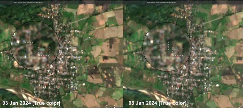 Wenn Sie die Satellitenbilder des Dorfes Ka Nan vergleichen, die zwischen dem 3. und 8. Januar 2024 aufgenommen wurden, werden Sie feststellen, dass sich die Oberfläche der Gebäude zwischen diesen beiden Daten verändert hat, ein Zeichen dafür, dass die Gebäude physisch verändert wurden.  © Bilder bereitgestellt von Sentinelle-2.