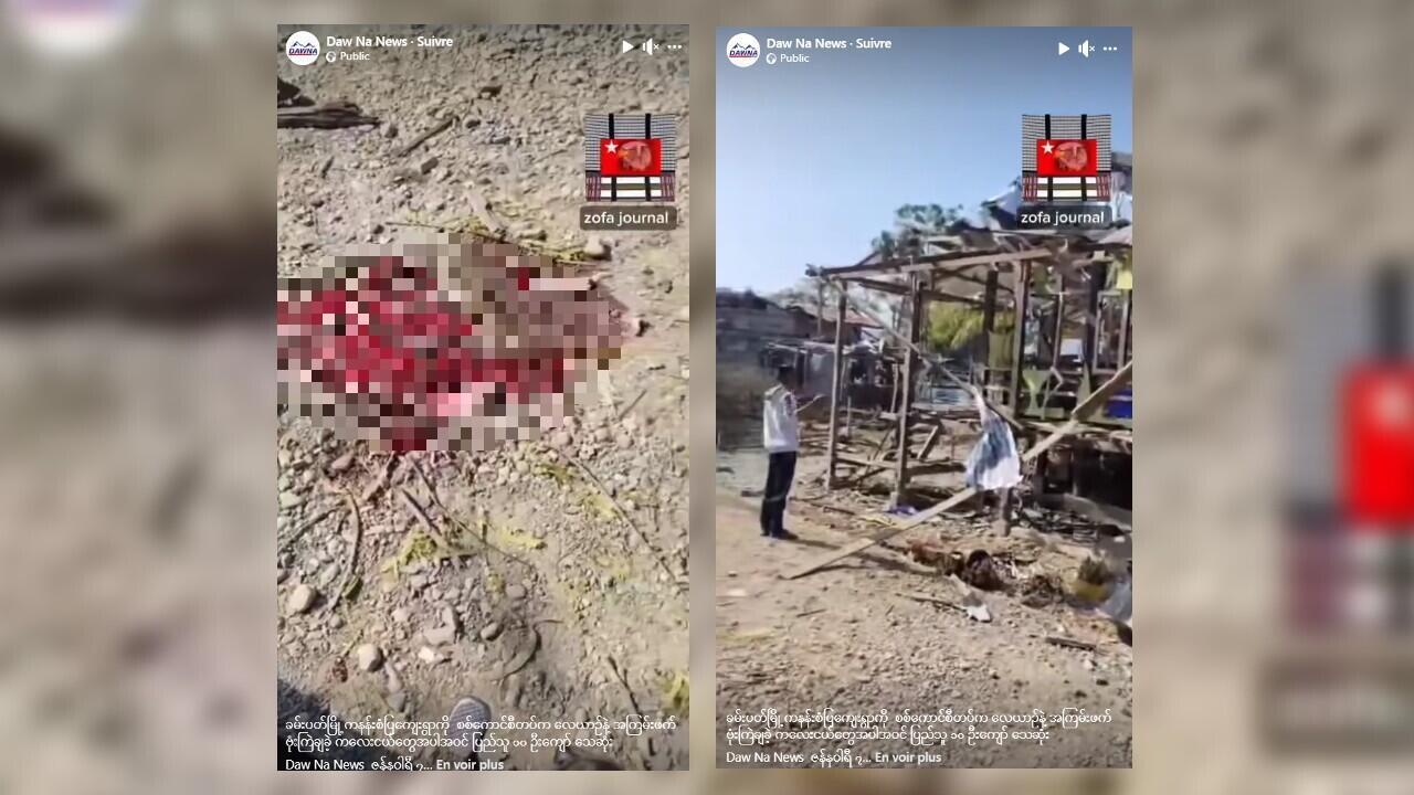 Dabei handelt es sich um Screenshots eines Videos, das in den sozialen Medien ausgestrahlt wird.  Myanmar Witness hat das Video dort geolokalisiert, wo es in Ka Nan gedreht wurde.