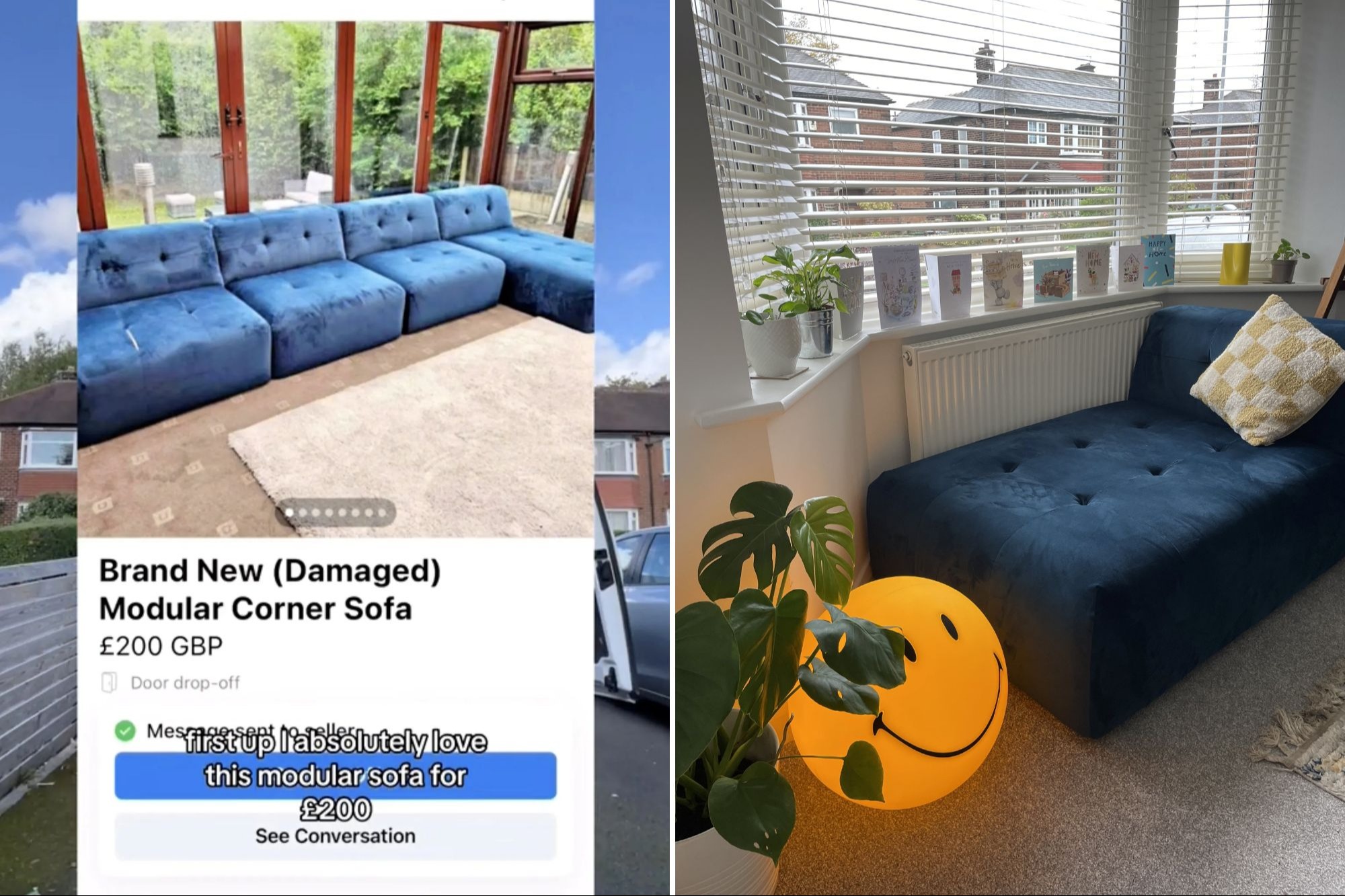 Das gebrauchte Sofa wird beworben (links) und steht jetzt bei ihr zu Hause (rechts)