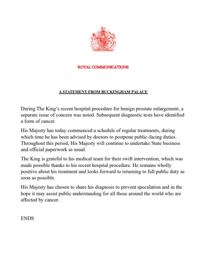 Der Buckingham Palace gab heute Abend eine Erklärung zum Gesundheitszustand von König Charles ab