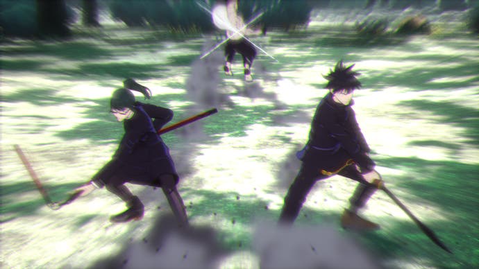Jujutsu Kaisen: Cursed Clash-Screenshot von Megumi und Maki, die einen gemeinsamen Angriff gegen Hanami ausführen