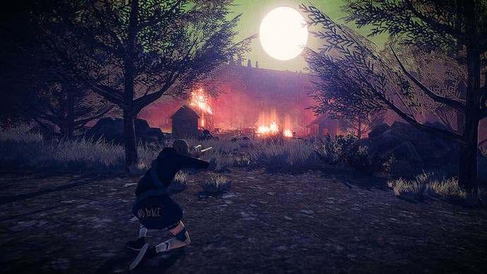 Der Screenshot von Children of the Sun zeigt das Mädchen, das im Vordergrund durch einen dunklen Wald rennt, während dahinter Feuer brennen.