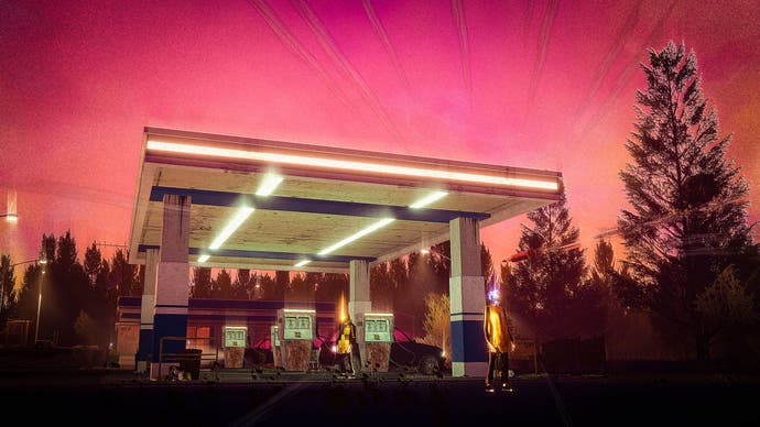 Screenshot von Children of the Sun, der eine mit Neonlichtern beleuchtete Tankstelle vor einem rosafarbenen Himmel zeigt.