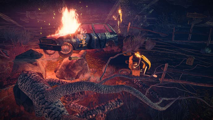 Screenshot von Children of the Sun, der ein brennendes Auto zeigt.
