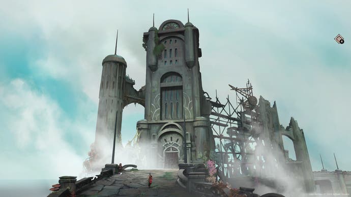 Lost Hellden-Screenshot eines grauen Steinturms und eines blauen Himmels