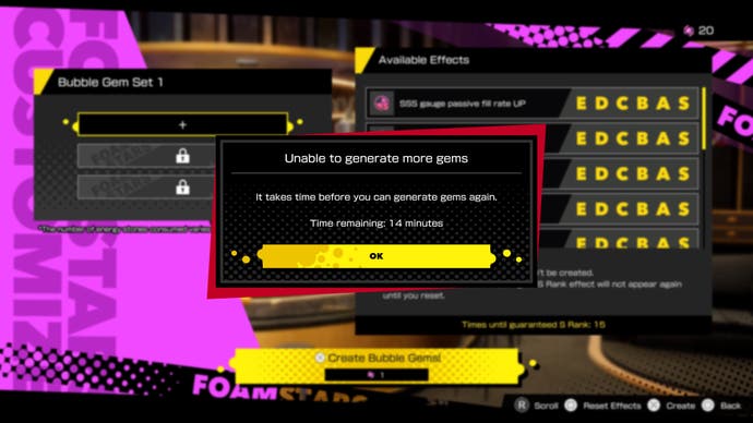 Screenshot von Foamstars, der das Battle Gem Set-Menü mit der Popup-Meldung „Es können keine weiteren Edelsteine ​​generiert werden“ zeigt.