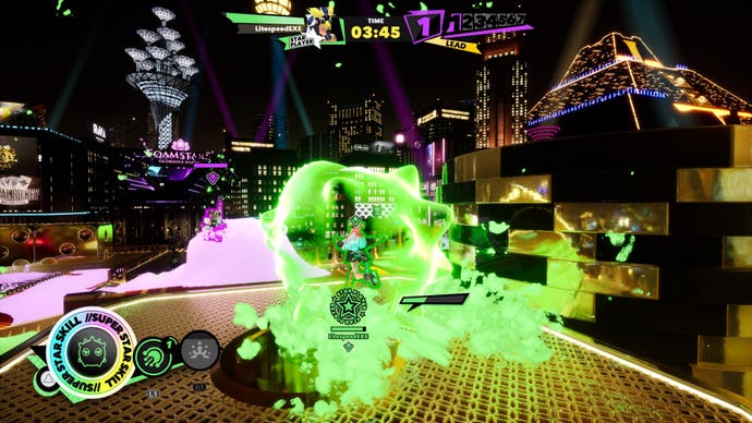 In einem Screenshot von Foamstars nutzt Soa ihre ultimative Fähigkeit, sich in einem grünen, klebrigen Ball herumzurollen.