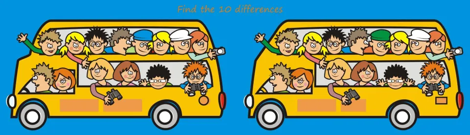 Es gibt 10 Unterschiede zwischen diesen Schulbussen