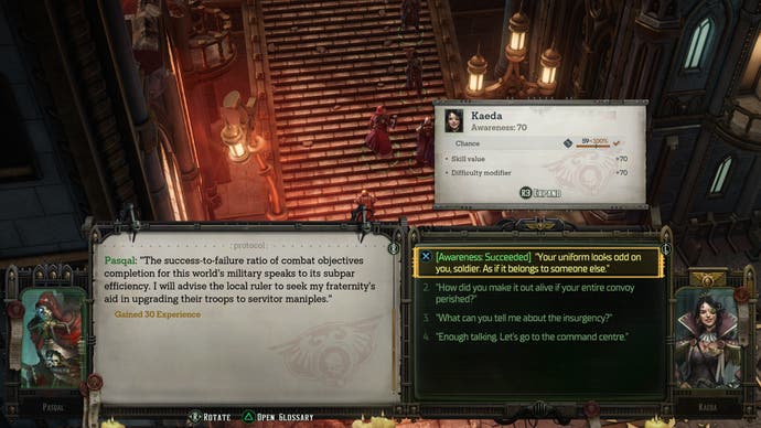 Ein Rogue Trader-Screenshot, der eine erfolgreiche Fertigkeitsüberprüfung während des Dialogs zeigt.