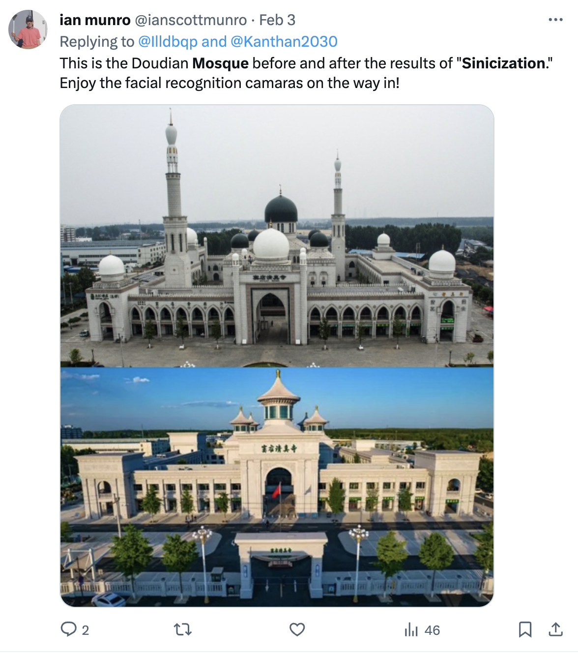 Dies ist ein Screenshot eines Beitrags auf X, der die Sinisierung der Doudian-Moschee in China zeigt.