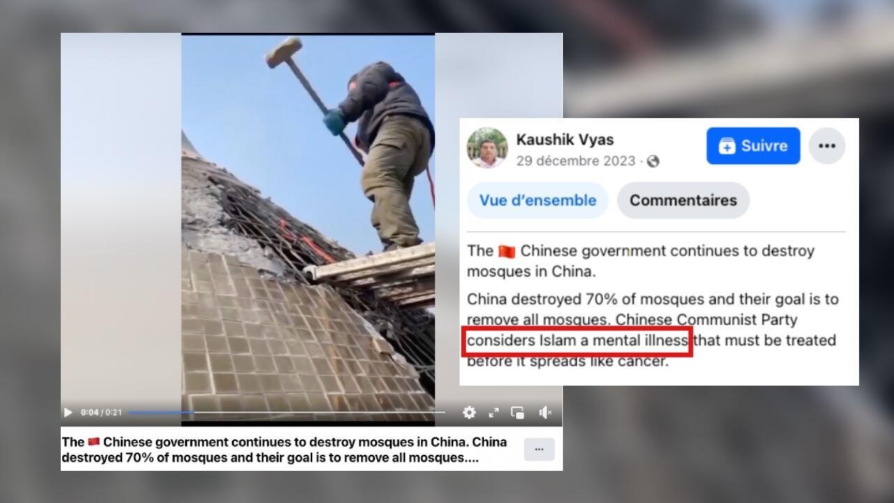 Dies ist ein Screenshot eines Facebook-Beitrags vom Dezember 2023, in dem es um die Zerstörung von Moscheen in China geht.
