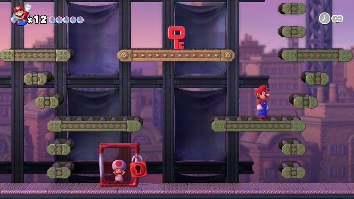 Mario muss mit einem roten Schlüssel zu einer Plattform gelangen, um eine Kröte aus einem roten Käfig zu befreien