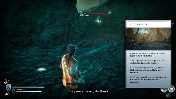 Screenshot von Banishers: Ghosts of New Eden, der Antea in einer felsigen Leere zeigt, neben einem Tooltip, der erklärt, wie der Kampf gegen Leerenbrüche funktioniert