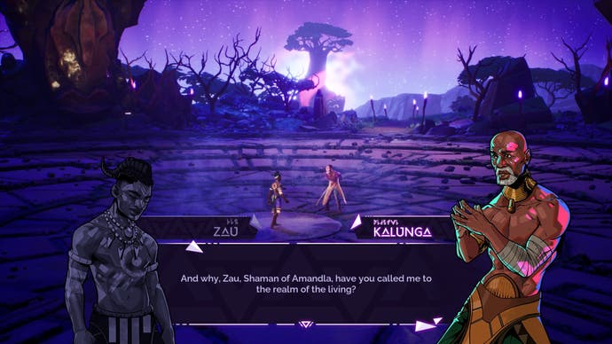 Tales of Kenzera: Zau Screenshot, der zeigt, wie Zau sich draußen zwischen umrissenen Bäumen und einem leuchtend violetten Himmel mit seinem Vater unterhält