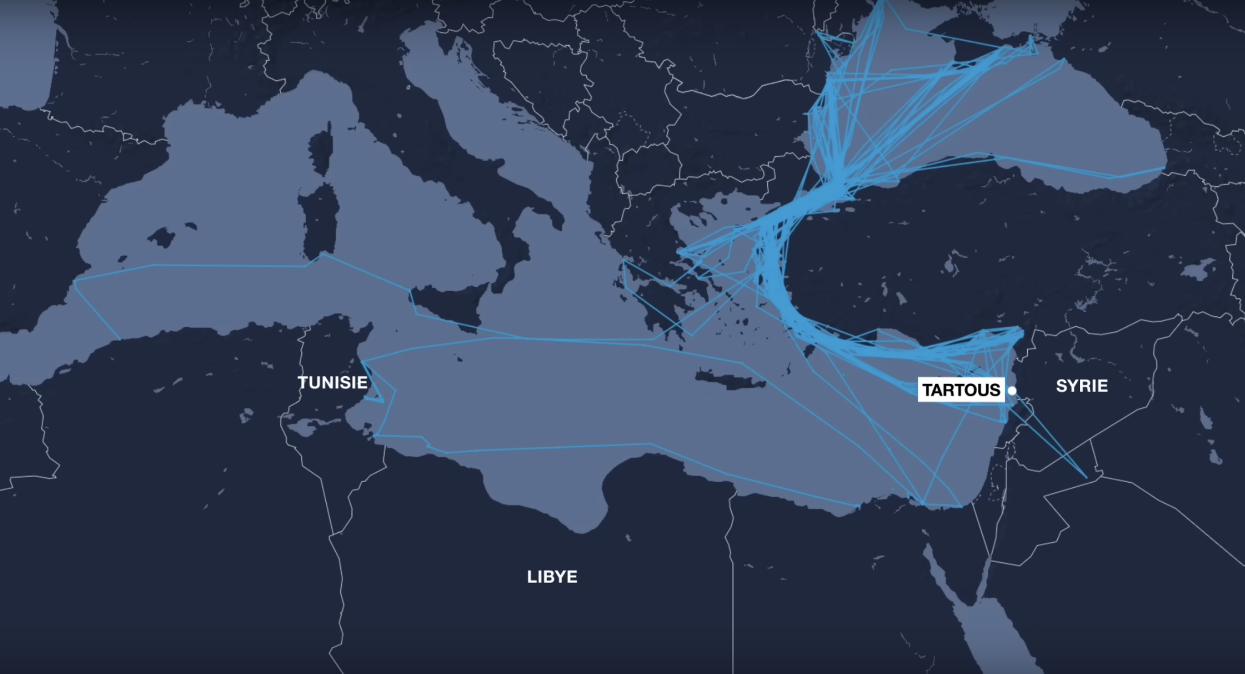 Die Route der Nadalina im Mittelmeer zwischen 2016 und 2023 zeigt, dass sie regelmäßig den von Russland verwalteten syrischen Hafen Tartus anlief.