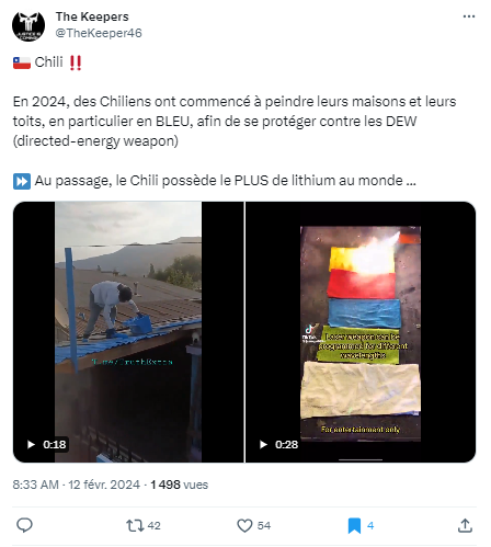 This post from February 12 explains why people have honed in on the blue objects and buildings spared from the wildfire’s wrath. This colour apparently protects from “directed energy weapons”, which they believe are responsible for the fires. They claim that Chileans are starting to paint their homes this colour.