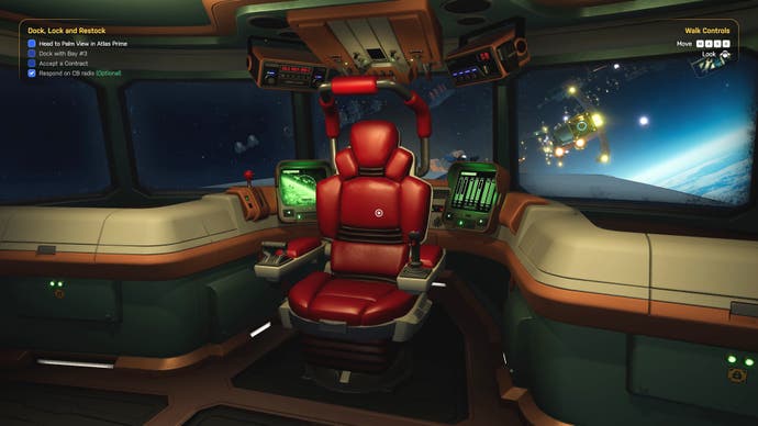 Ein Star Trucker-Screenshot, der die Innenkabine eines Raumlastwagens zeigt, komplett mit einem äußerst bequem aussehenden roten Ledersitz.