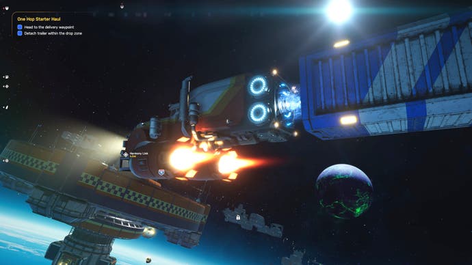 Ein Star Trucker-Screenshot, der eine Außenansicht einer Raumplattform zeigt, die ihre Triebwerke abfeuert.