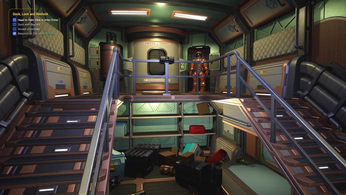 Ein Star Trucker-Screenshot, der den Frachtraum eines Raumlastwagens zeigt, mit Treppen, die auf beiden Seiten zu einer zentralen Luftschleuse führen.