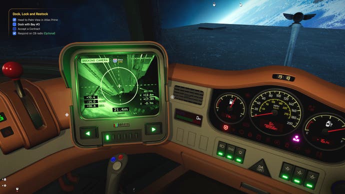 Ein Star Trucker-Screenshot mit einem von zwei Dashboard-Displays, dieses zeigt eine Außenansicht der Dockingkamera.