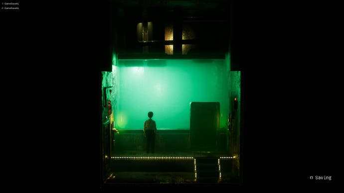 Der Screenshot von Harold Halibut zeigt die Silhouette von Harold in einem quadratischen Raum, in dem sich ein Tank voller türkisfarbener Flüssigkeit befindet