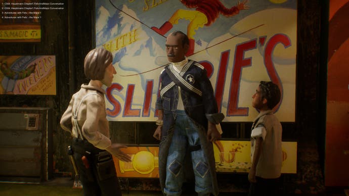 Der Screenshot von Harold Halibut zeigt Harold beim Chatten mit zwei NPCs, einem Polizisten und einem Kind